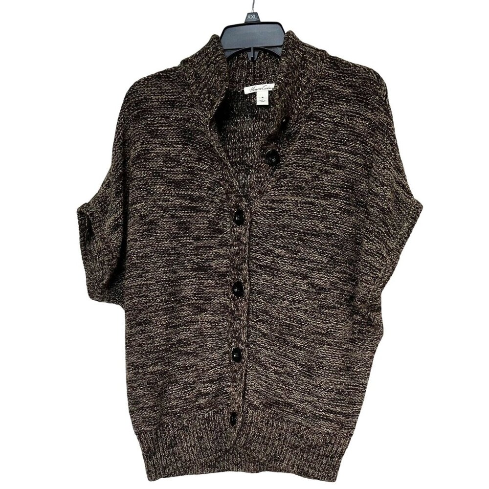 Kenneth Cole Womens Wool Blend Black Gold Short Sleeve Cardigan Vest Sweater M